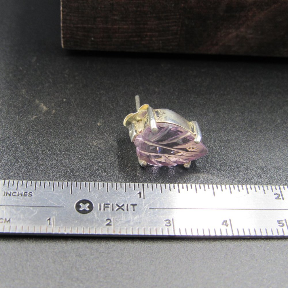 Sterling Silver Carved Leaf Amethyst Rustic Stud Earrings Vintage - Picture 6 of 7